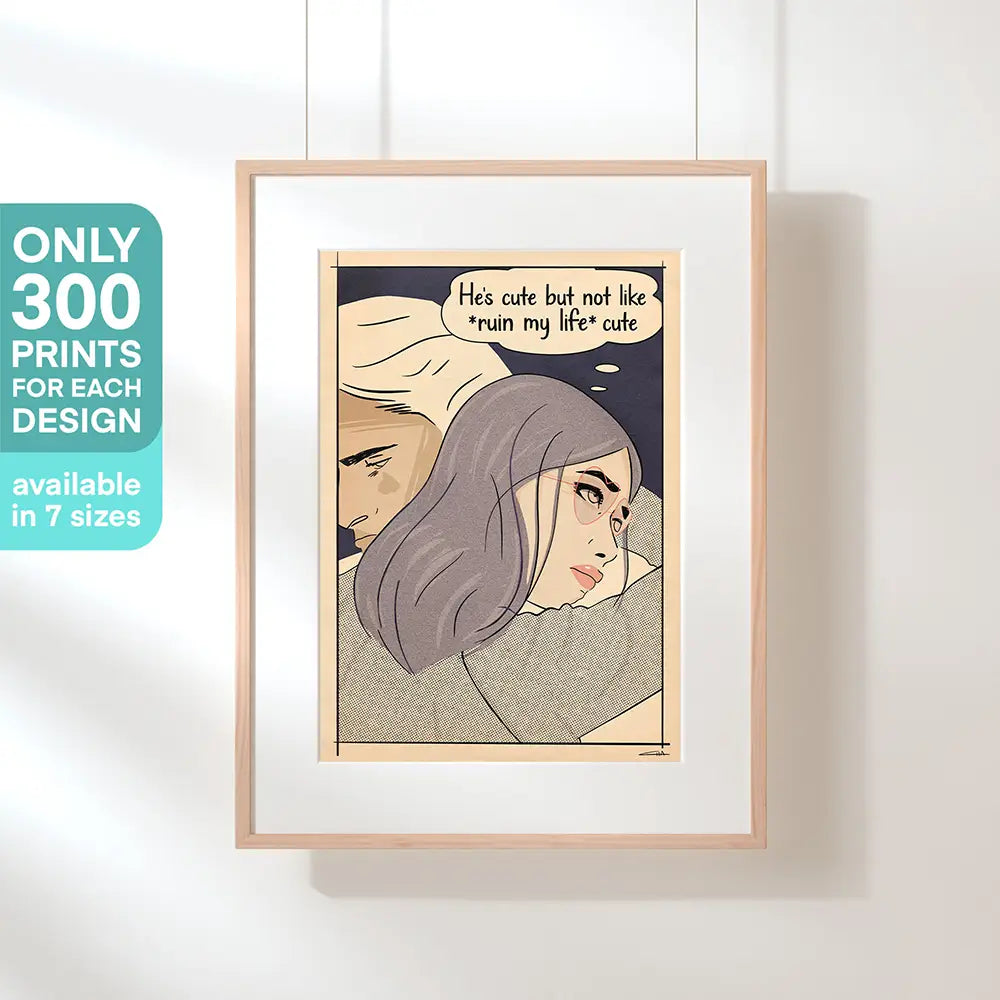 “Cute” by Cha – limited edition retro comic poster from Soft Pop Studio™, shown framed with text: only 300 prints, available in 7 sizes