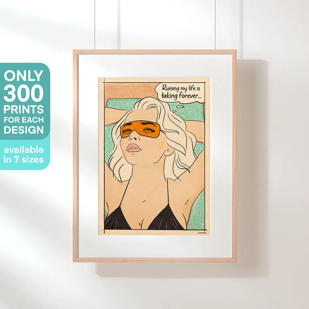 “Ruining My Life” by Cha – limited edition pop art poster from Soft Pop Studio™, shown in a gallery-style wood frame with text: only 300 prints available