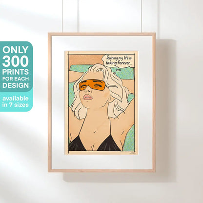 “Ruining My Life” by Cha – limited edition pop art poster from Soft Pop Studio™, shown in a gallery-style wood frame with text: only 300 prints available