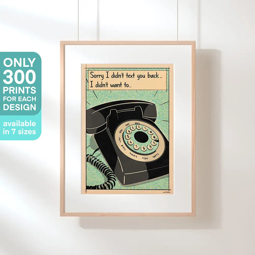 “Texting” by Cha – limited edition pop art poster featuring rotary phone and humorous quote, available in 7 sizes, shown in wood gallery frame
