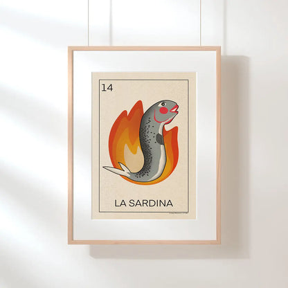 Framed La Sardina poster from the Lotería Sitgetana collection featuring a retro sardine illustration inspired by Carnival folklore