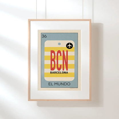 Framed El Mundo Barcelona poster from the Lotería Sitgetana collection inspired by vintage travel tags and Mediterranean design