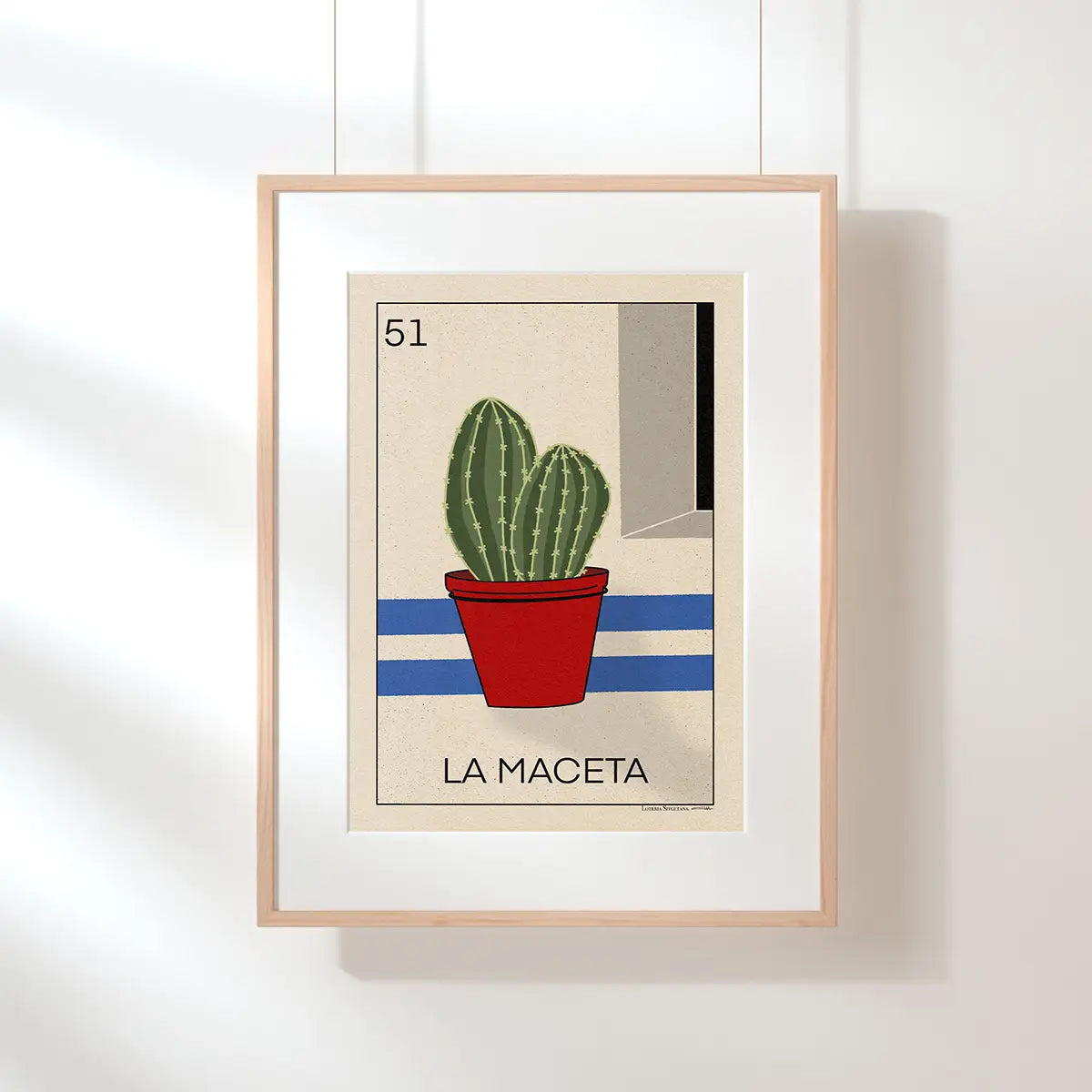 Framed La Maceta Loteria poster with Mediterranean cactus illustration from the Lotería Sitgetana series limited edition by Cha
