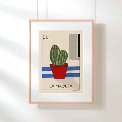 Framed La Maceta Loteria poster with Mediterranean cactus illustration from the Lotería Sitgetana series limited edition by Cha