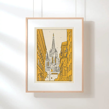 Barcelona Cathedral poster by Cha, displayed in a natural wood frame with a warm yellow architectural illustration.