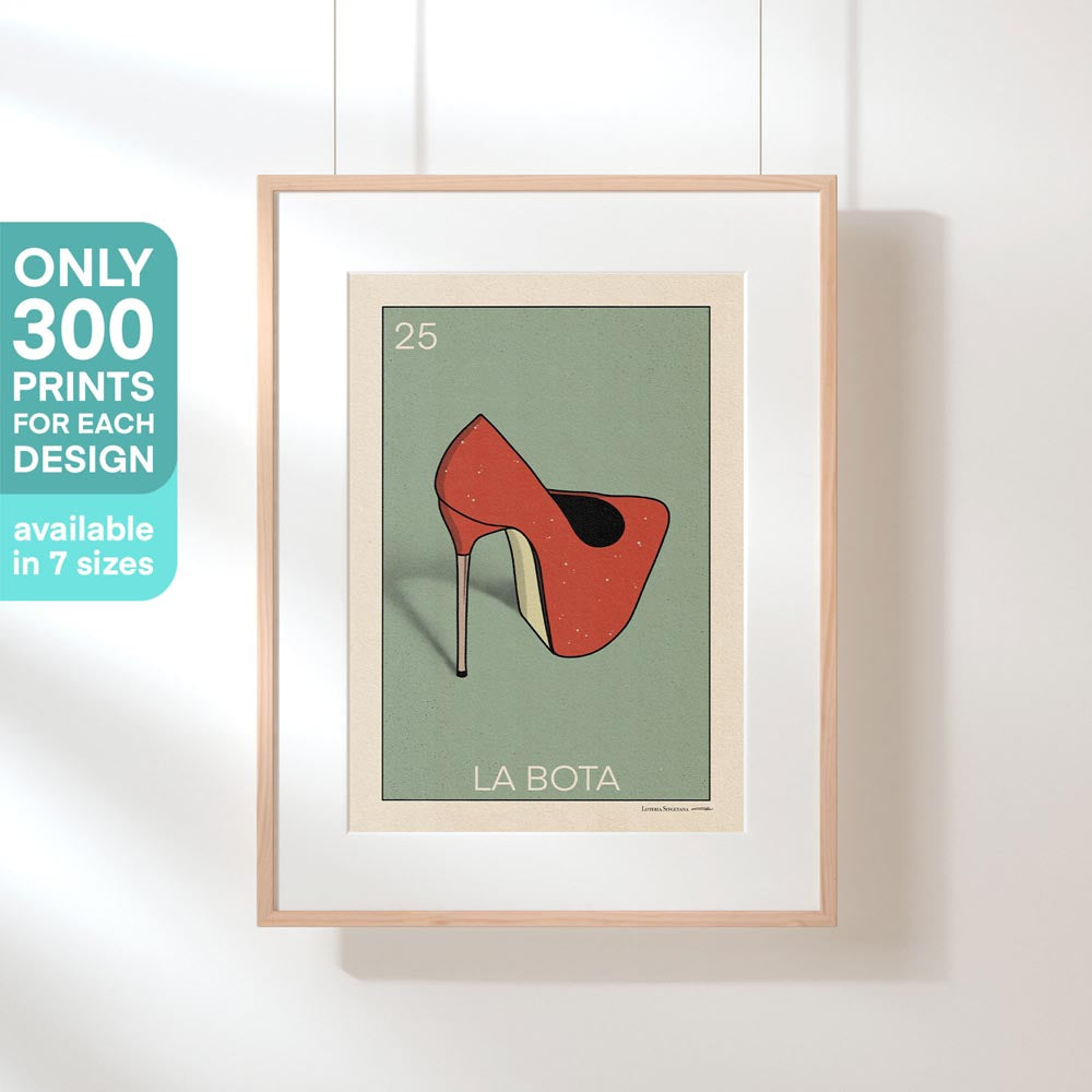 Framed La Bota poster, highlighting its limited edition of 300 copies, ideal for fashion lovers and collectors.