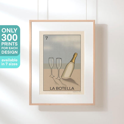 Framed La Botella poster, highlighting its limited edition of 300 copies, ideal for wine lovers and art collectors.