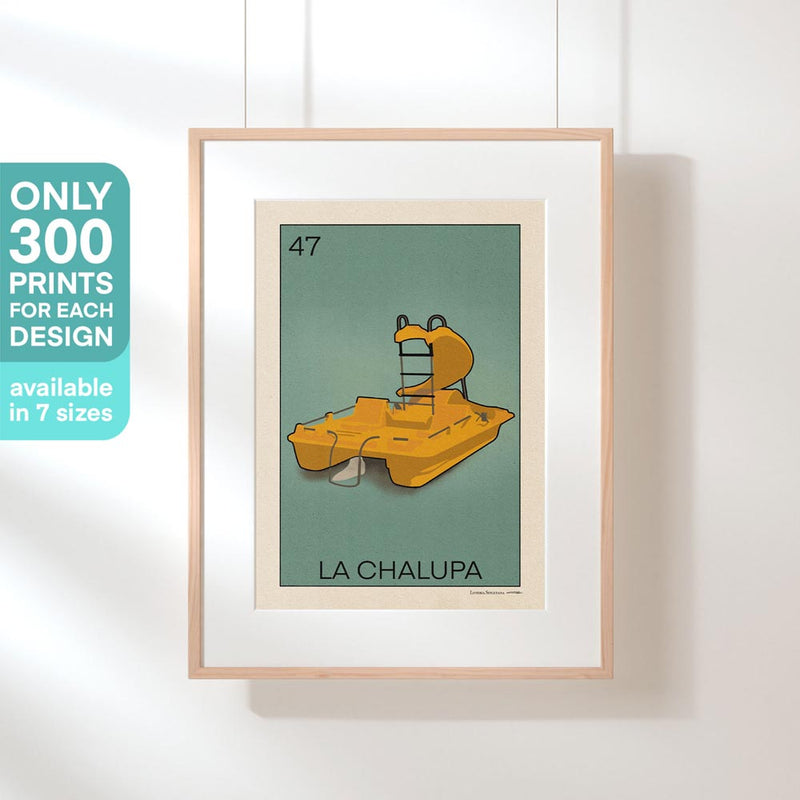 Framed La Chalupa poster, highlighting its limited edition of 300 copies, ideal for seaside décor lovers and collectors.