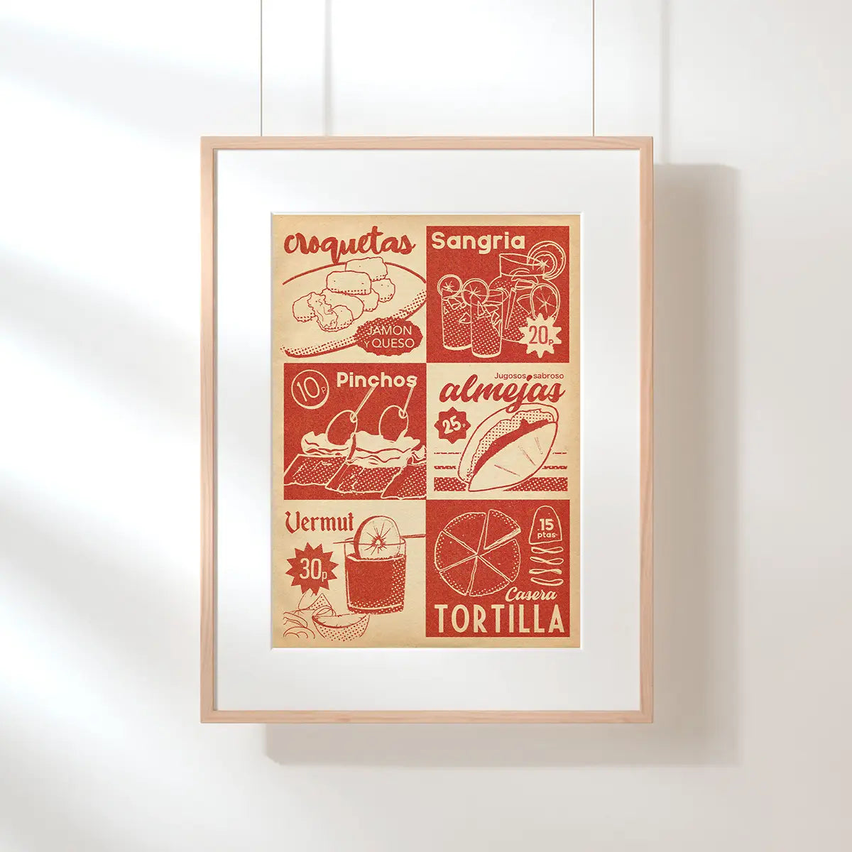 Spanish tapas menu poster framed and hanging, limited edition of 300 prints by Cha, featuring croquetas, sangria, pinchos and tortilla in retro style