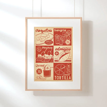 Spanish tapas menu poster framed and hanging, limited edition of 300 prints by Cha, featuring croquetas, sangria, pinchos and tortilla in retro style