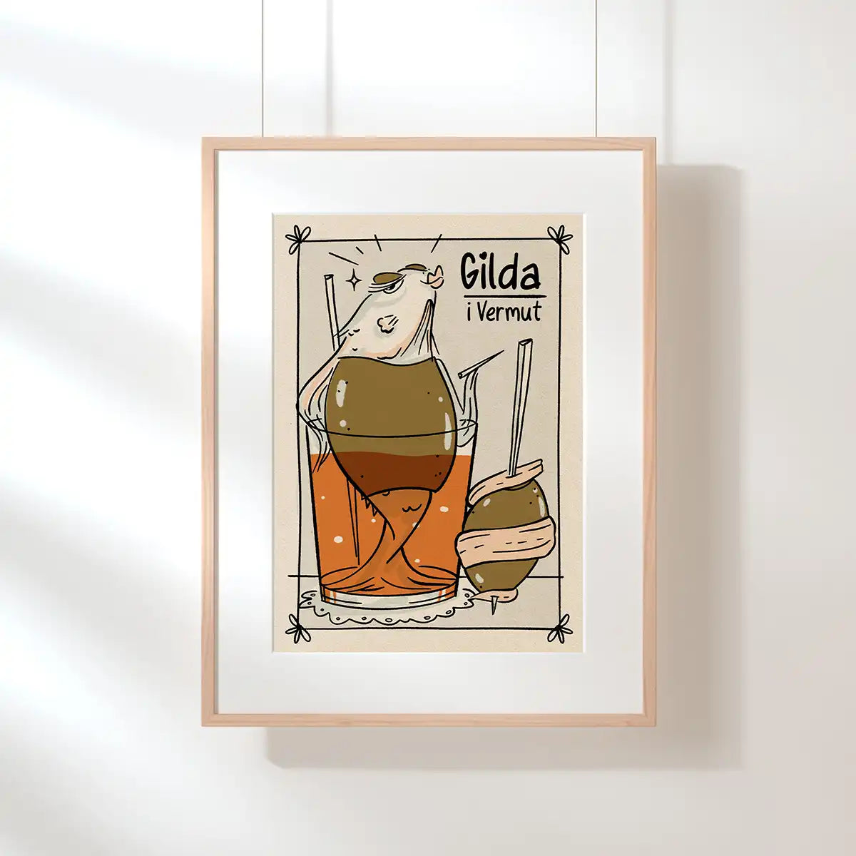 Gilda i Vermut Barcelona food poster by Cha, displayed in a natural wood frame with white mount.