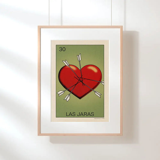 Hanging Las Jaras Lotería poster by Cha featuring a heart pierced by arrows, with “only 300 prints” badge, part of the Lotería Sitgetana limited edition series