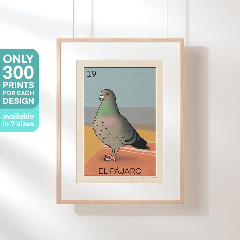 El Pájaro – A framed Lotería Sitgetana poster featuring a bold pigeon standing confidently on a sunlit beach, designed in a retro-inspired style by Cha for the Spanish Capsule™ collection.