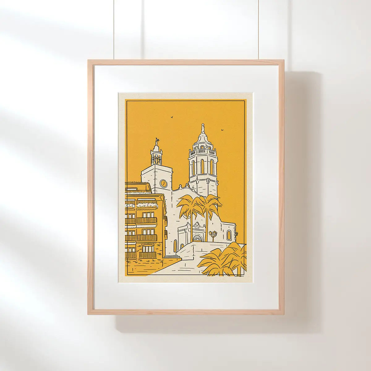 Sitges Church City Lines framed poster minimalist Sitges church illustration with clean lines limited edition print by Cha