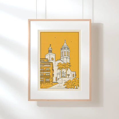 Sitges Church City Lines framed poster minimalist Sitges church illustration with clean lines limited edition print by Cha
