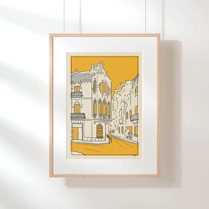 Hanging Sitges Cuba Street City Lines poster depicting a historic modernist façade in the old town of Sitges