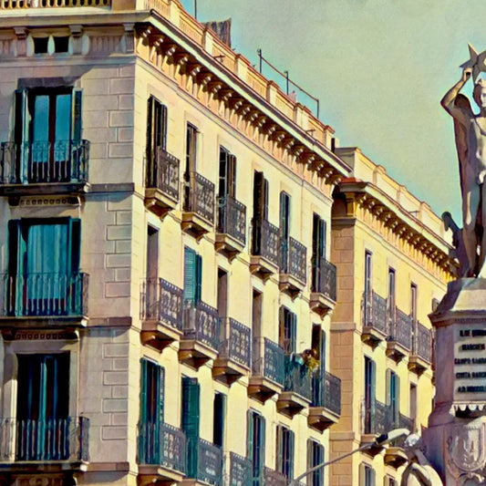 Close up of Plaça de Palau Barcelona poster showing historic buildings and statue details with vintage halftone texture