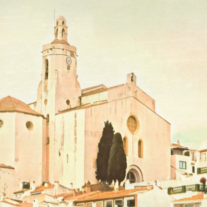 Cadaqués Church poster detail featuring Santa Maria church and whitewashed houses in vintage halftone style