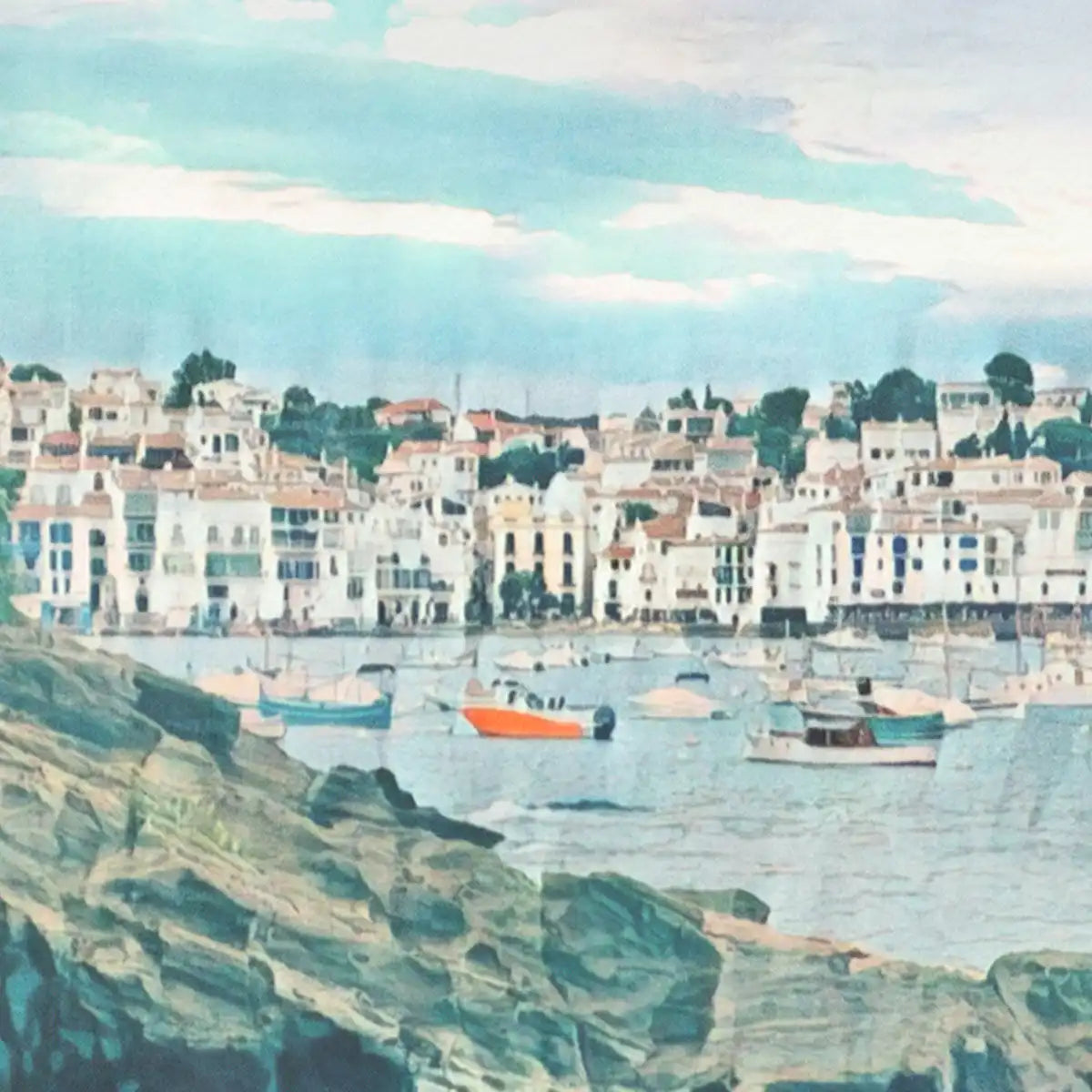 Magnified detail of the Cadaqués Memories poster revealing Alecse’s distinctive vintage halftone finish