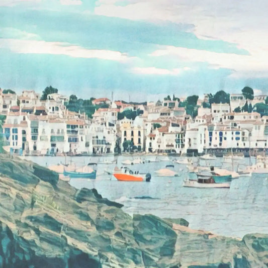 Magnified detail of the Cadaqués Memories poster revealing Alecse’s distinctive vintage halftone finish