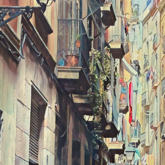 Detailed view of balconies, façades and street textures from the Ciutat Vella Barcelona poster by Alecse