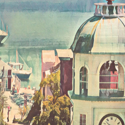 Halifax Harbor poster detail showing clock tower dome and waterfront buildings in soft vintage halftone style