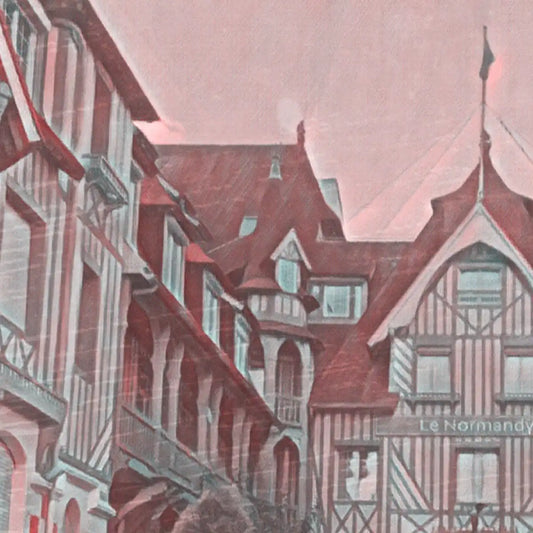 Detail of the Normandy Hotel poster highlighting its nostalgic colour treatment and classic Deauville architectural style