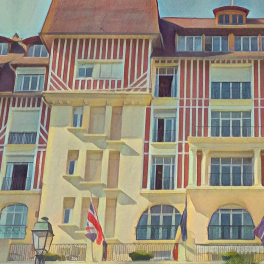 Close-up detail of the Royal Deauville poster highlighting the hotel’s Norman architecture and vintage illustration style