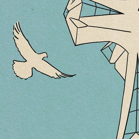 Detail of a soaring dove and the monumental cross crowning the Tower of Jesus in Sagrada Sanctus poster by Cha, Barcelona limited edition art pri