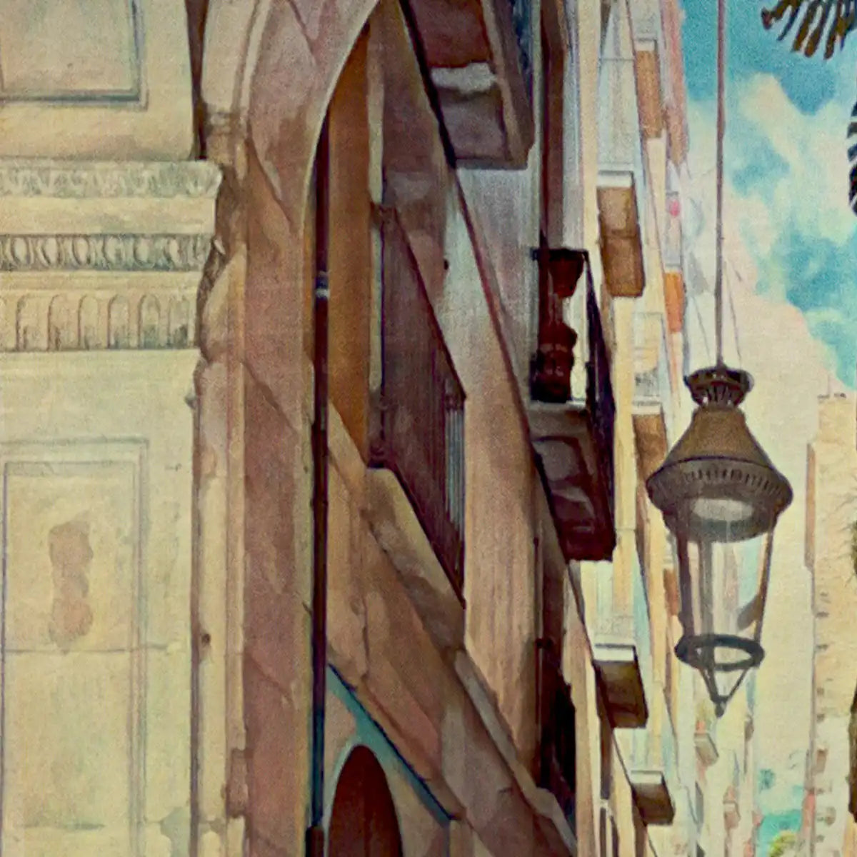 Detail of Barcelona Gothic Quarter poster showing the stone archway and traditional street lantern on Carrer del Vidre