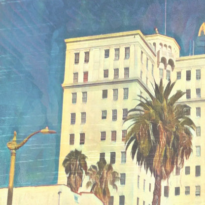 Close-up of the Westlake Los Angeles poster showing the Asbury building façade, palm trees and textured halftone vintage effect