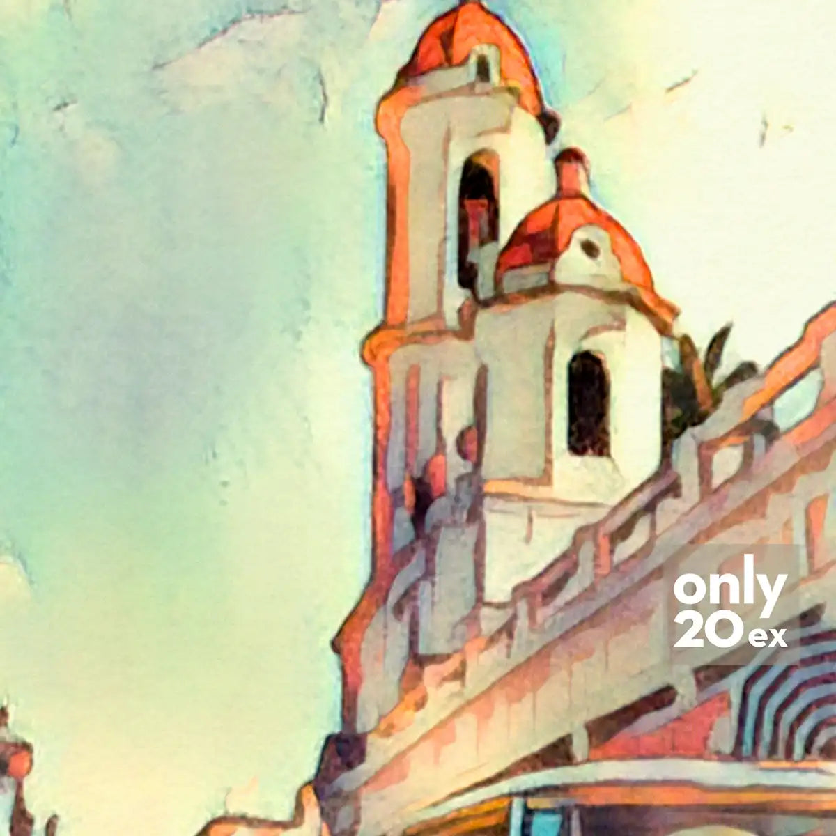 Detailed view of Havana’s colonial towers with warm sunlight and retro tones.