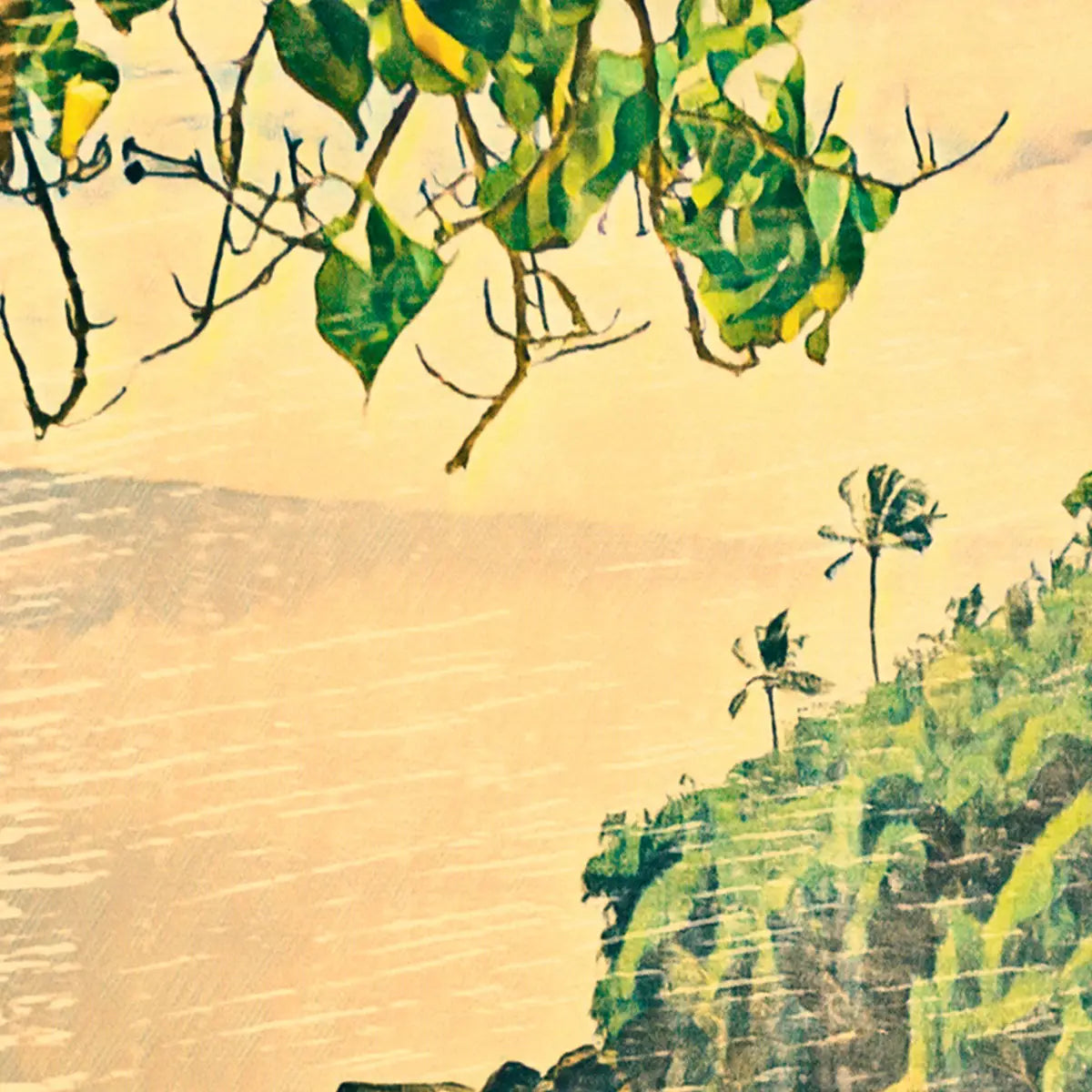 Details of the kumba tree leaves and palm trees in the Hiriketiya poster, highlighting the "scratch" vintage effect of the poster