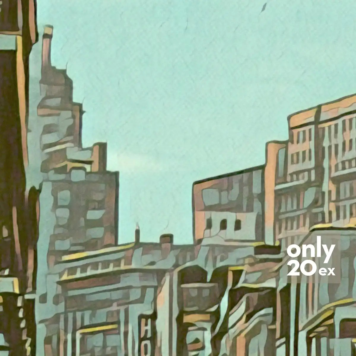 Detailed view of French Quarter buildings and sky in soft pastel tones.