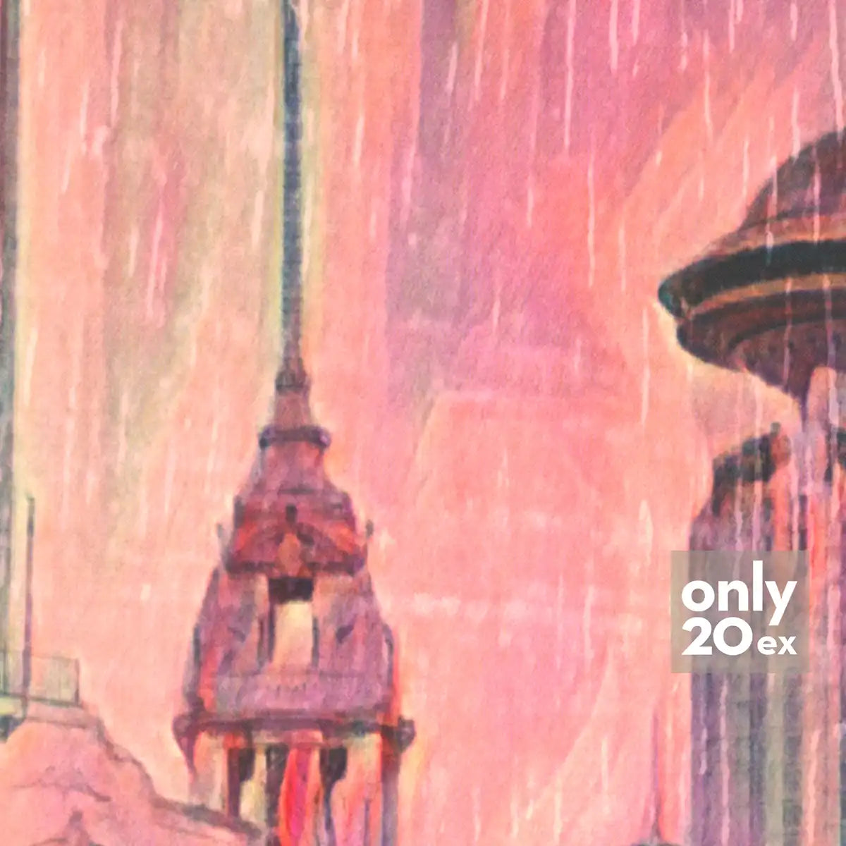 Zoom on the city’s spires under a pastel pink sky from the Shanghai poster by Alecse.