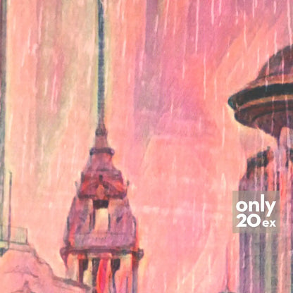 Zoom on the city’s spires under a pastel pink sky from the Shanghai poster by Alecse.