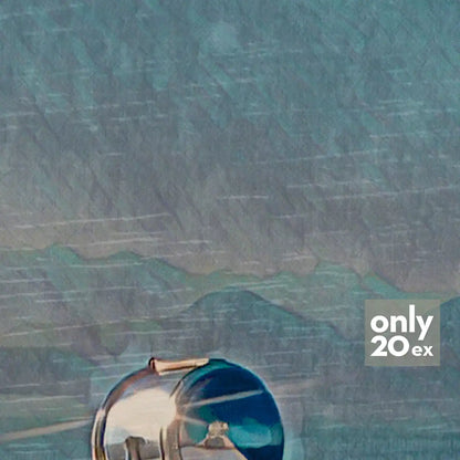 Detail of Mediterranean horizon and mountain silhouette in soft vintage tones.