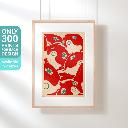 Framed Koi Lanterns Japanese Pop Art poster hanging on a white wall with a bold design