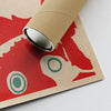 Close-up of the lower right corner of the Koi Lanterns vintage Japanese Pop Art poster with a shipping tube, showcasing the vibrant red colors and high-quality print texture