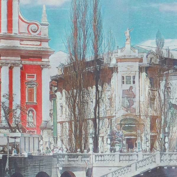 Detailed view of Alecse's Ljubljana Poster, highlighting the intricate artistry of Slovenia's historic buildings