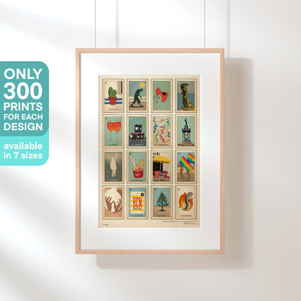 Framed Loteria Sitgetana Verano 25 poster by Cha, with a note of only 300 prints available in 7 sizes