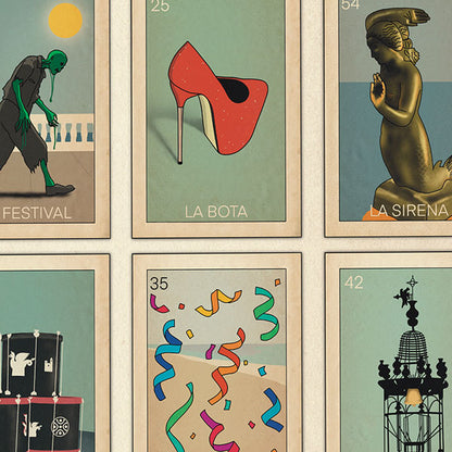 Close-up of Loteria Sitgetana Verano 25 poster, showing detailed illustrations of the Sitges-themed Loteria cards including La Bota, La Sirena, and El Festival