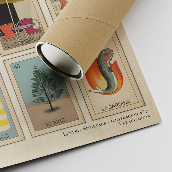 Close-up of the Loteria Sitgetana Verano 25 poster by Cha, showing the corner detail with the cards El Pino, la Sombrilla and La Sardina next to a rolled-up poster tube