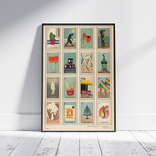 Poster Loteria Sitgetana Verano 25 by Cha, depicting 16 Sitges icons inspired by Mexican Loteria cards, leaning against a white wall