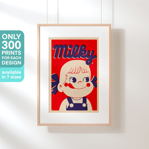 Framed Milky Girl Japanese Pop Art poster hanging on a white wall with a nostalgic design