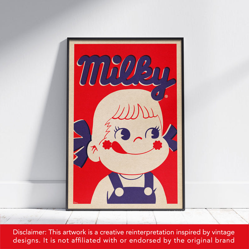 Framed Milky Girl Japanese Pop Art poster hanging on a white wall with a nostalgic design