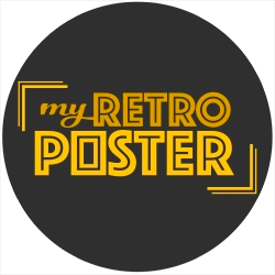 Round logo MyRetroPoster 2025, yellow letters on dark grey background
