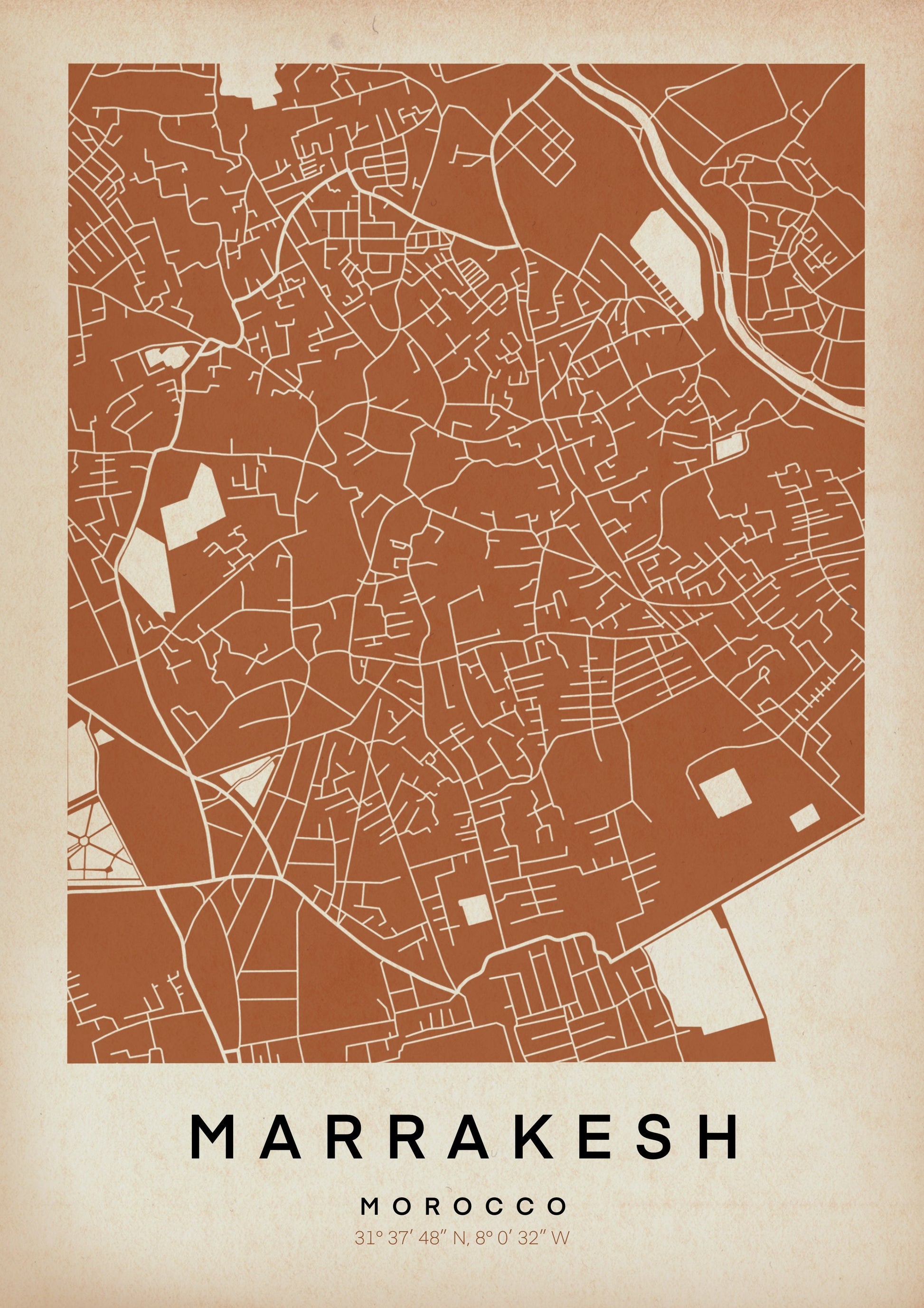 Marrakesh Retro Map Art Print by Cha, The Wanderer Maps™, limited edition vintage monochromatic map of Morocco