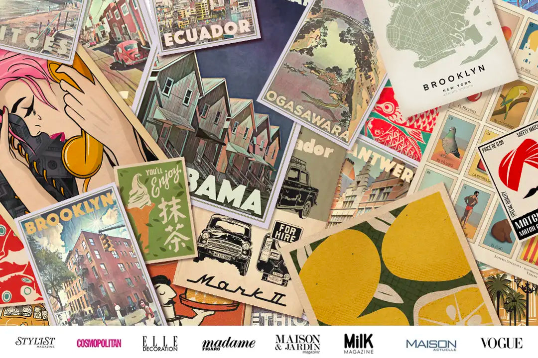 Collage of vintage-inspired, retro posters by Myretroposter, featuring art prints by Alecse & Cha, with press mentions in Vogue, ELLE, Marie Claire, and more.