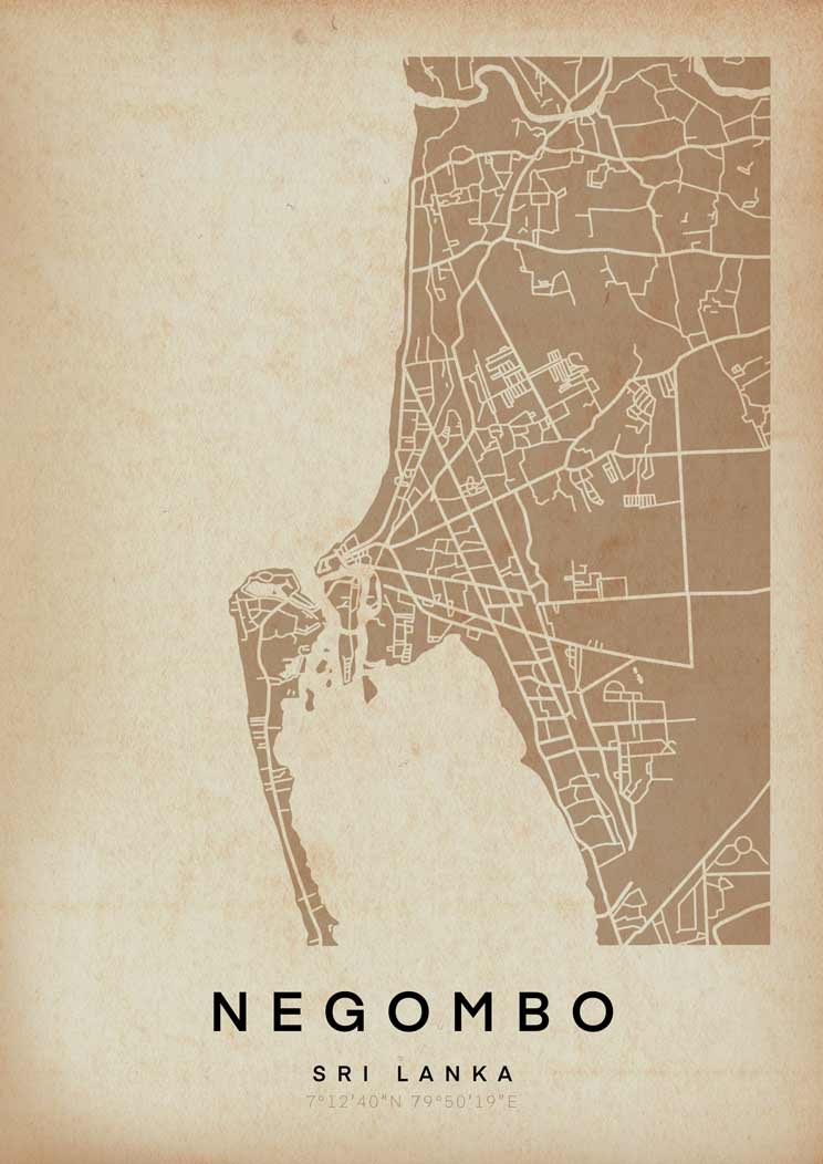 Vintage Negombo Map Art Print by Cha, The Wanderer Maps™, color limited edition